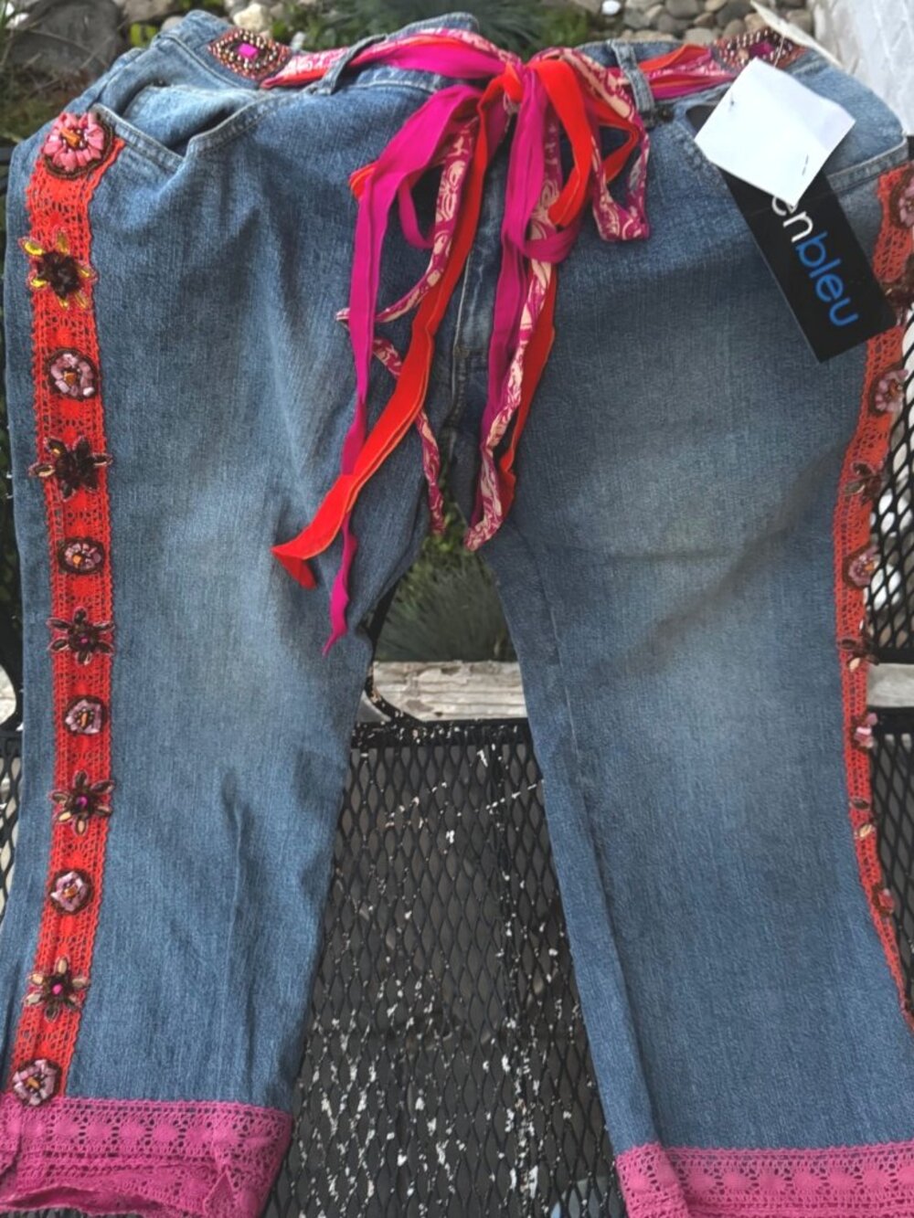 HAVEN BLEU Capri Jeans Womens 10 Embellished Crochet Trim Y2K Boho Festival